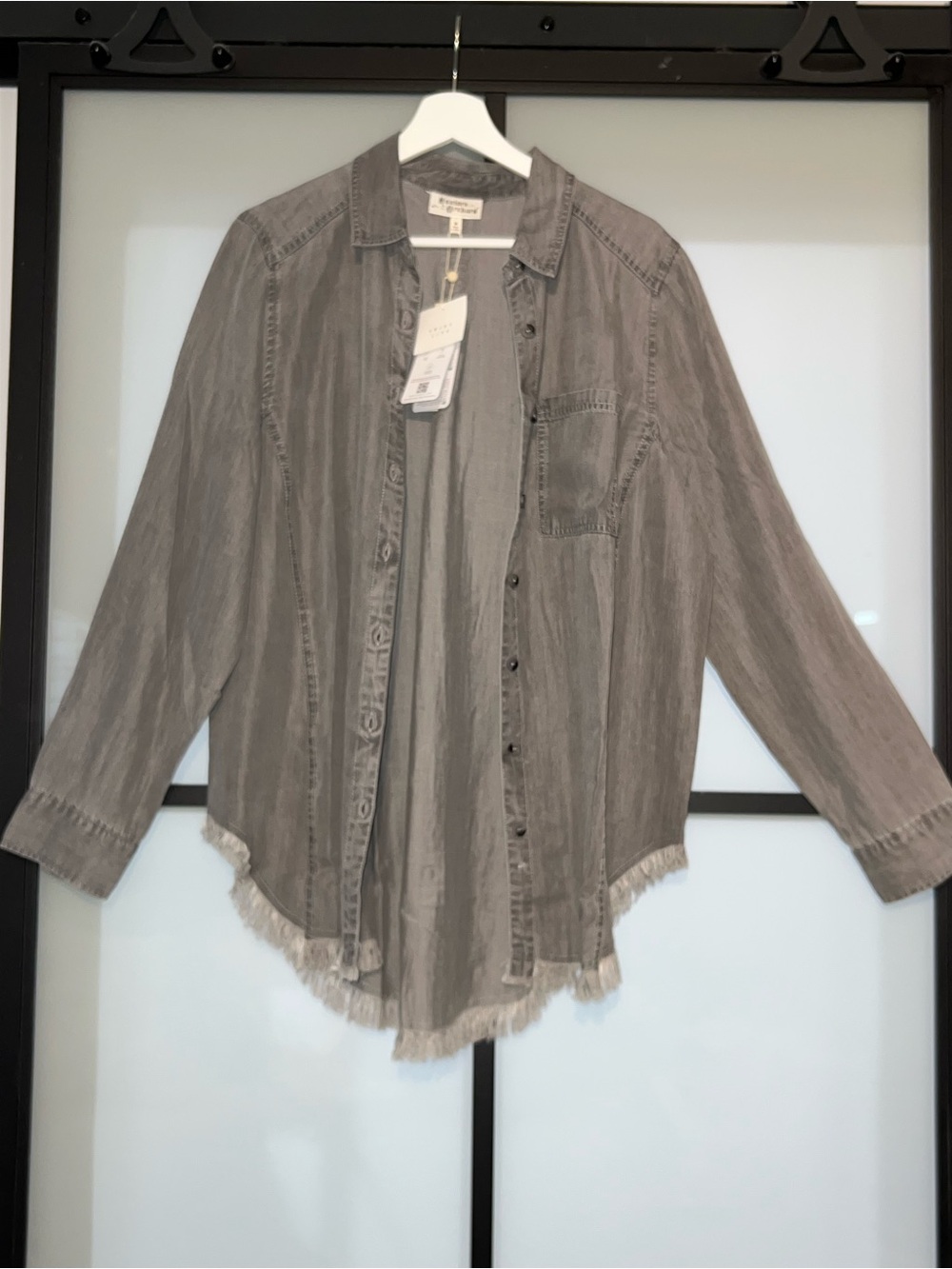 Casual Washed Gray Button-Up Shirt - Women Tops